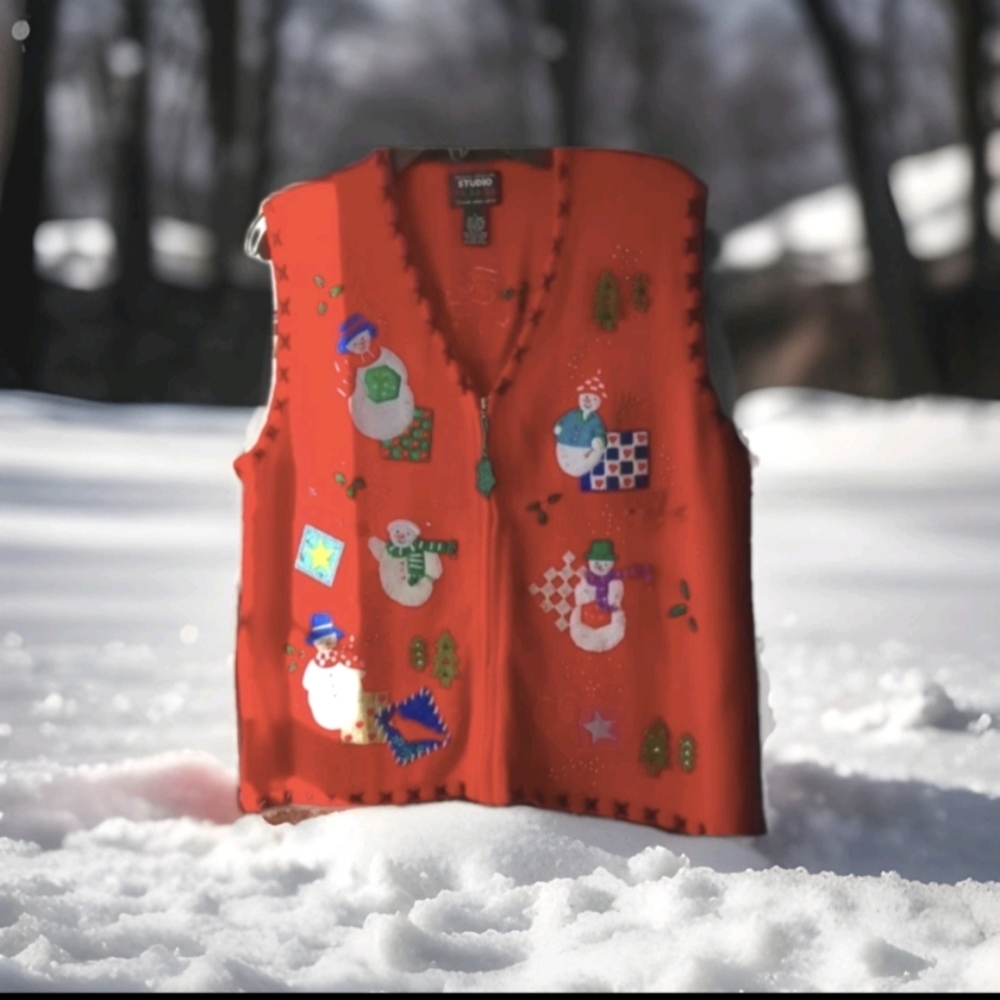 ☃️⛄⛄SNOWMAN Designers  VTG Christmas Vest Red Embroidered W/Beads